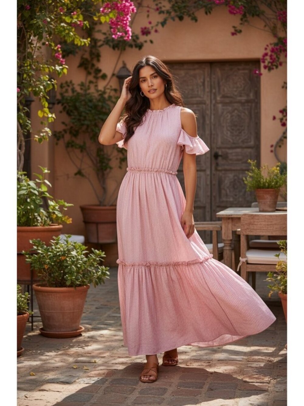 Cinq a Sept Cold Shoulder Maxi Dress Sz 8 Pink Striped Tiered Ruffle Boho Resort